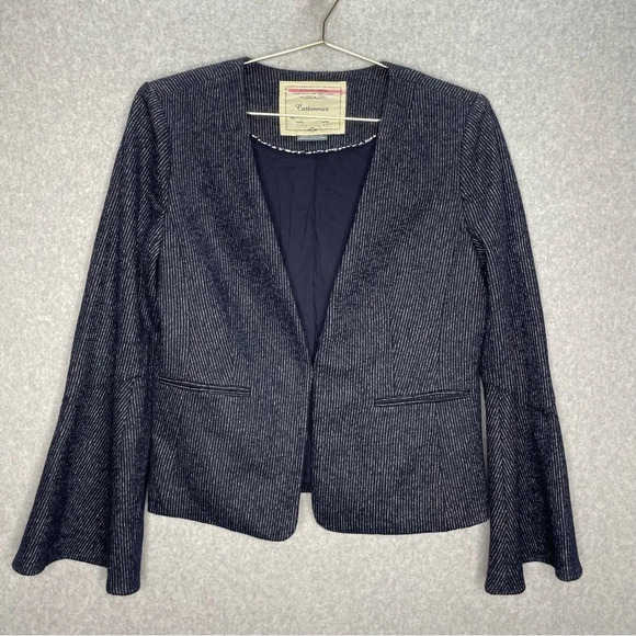 Anthropologie Cartonnier Wool Blend Bell Sleeve Navy Pinstripe Blazer - Picture 4 of 9